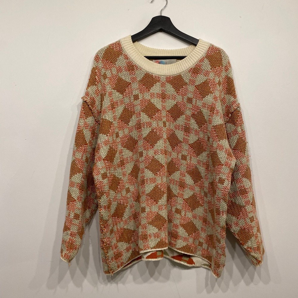 Free People Beach Orange Cream Geometric Diamond Knit Oversized Sweater Medium
